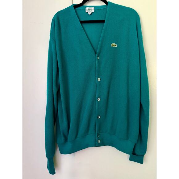 Vintage 70’s Izod Lacoste Teal Green V Neck Button Down Cardigan Sweater X Large - Picture 1 of 4